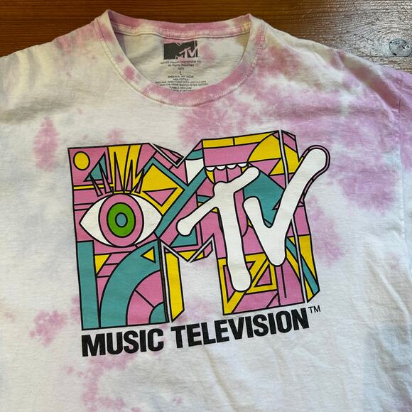 MTV pink white tie dyed Music Television shirt sleeve graphic shirt SIZE L - Picture 3 of 4